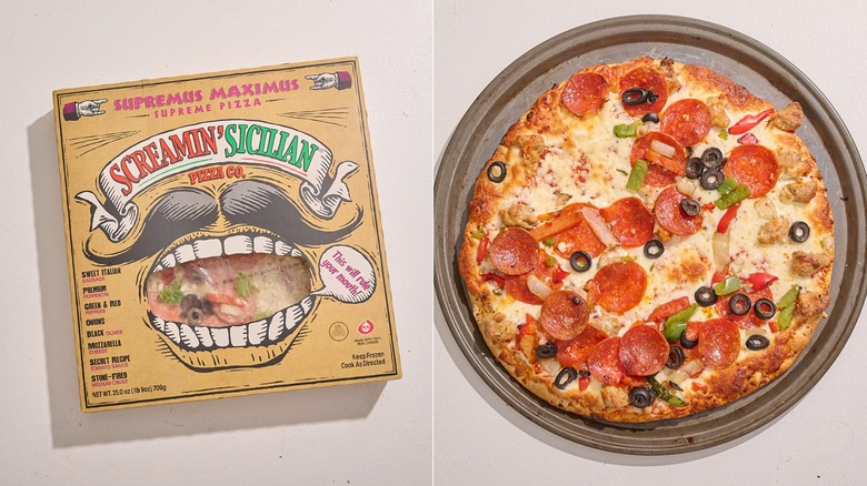 A Screamin' Sicilian supreme pizza in a box next to the baked pizza