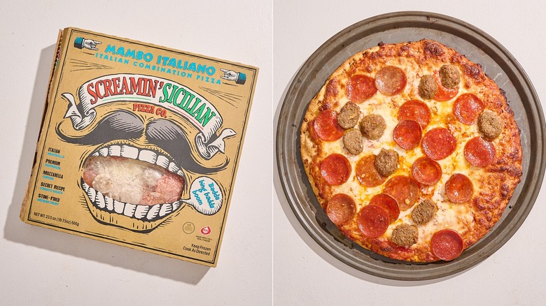 A meatball pizza in a box next to the baked pizza