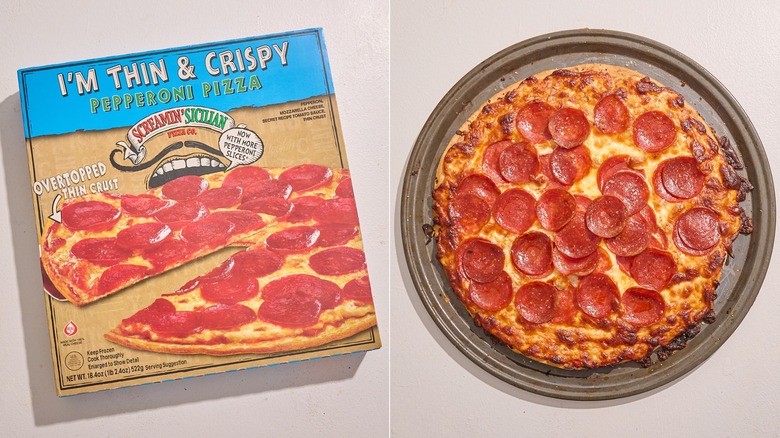 A Screamin' Sicilian pepperoni thin crust pizza in a box next to the baked pizza