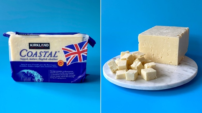 Split image of Kirkland Signature Coastal English Cheddar, both in the original packaging and cubed on a white plate