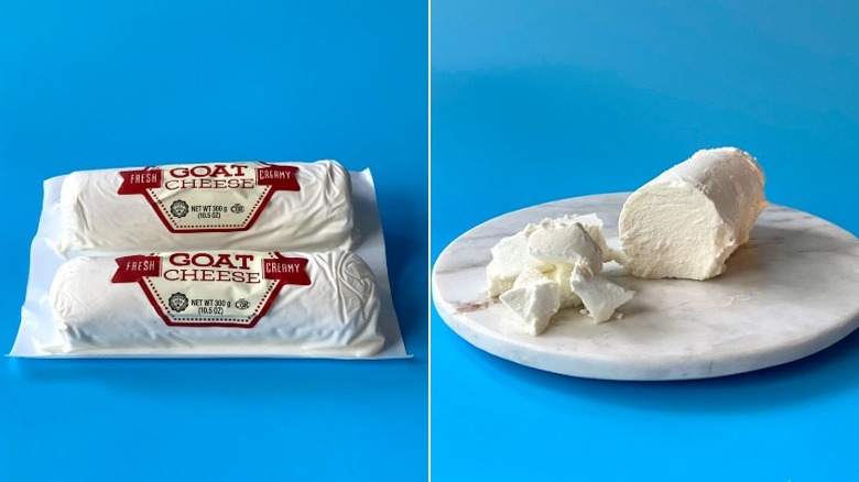Split image of Kirkland Signature Goat Cheese logs, both in the original packaging and crumbled on a white plate