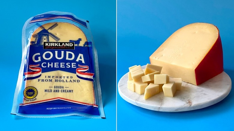 Split image of Kirkland Signature Gouda Cheese, both in the original packaging and cubed on a white plate
