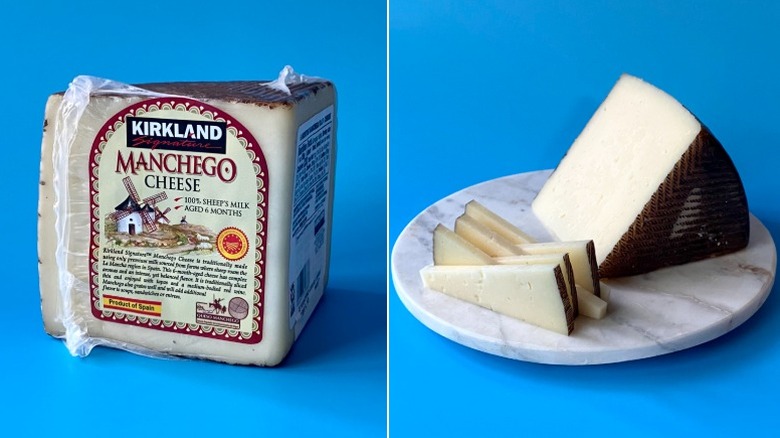 Split image of Kirkland Manchego cheese, both in the original packaging and sliced in triangles on a white plate