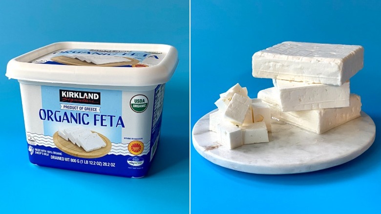 Split image of Kirkland Signature Organic Feta, both in the packaging and cubed on a white plate