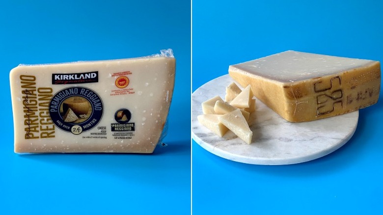 Split image of Kirkland Signature Parmigiano Reggiano, both in the original packaging and cubed on a white plate