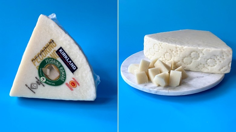 Split image of Kirkland Signature Pecorino Romano, both in its original packaging and cubed on a white plate