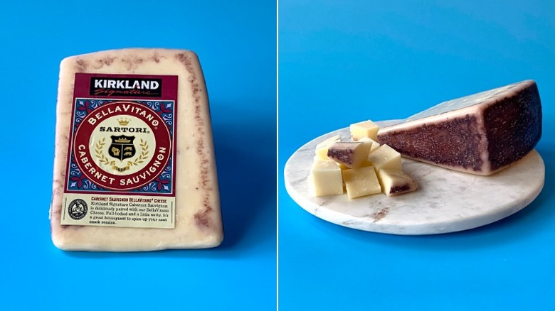 Split image of Kirkland Signature BellaVitano Cabernet Sauvignon cheese, both in the original packaging and cubed on a white plate