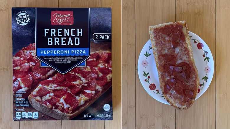 Package of French Bread Pepperoni Pizza besides a plated slice