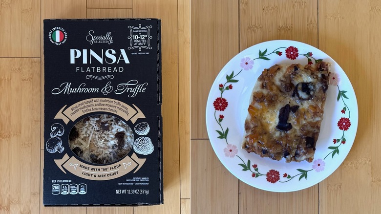 Package of Mushroom & Truffle Pinsa Flatbread besides a plated slice