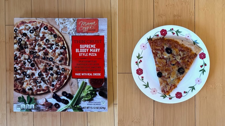 Package of Thin Crust Supreme Bloody Mary Style Pizza besides a plated slice