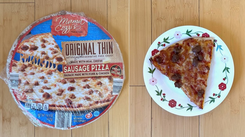 Package of Original Thin Sausage Pizza besides a plated slice