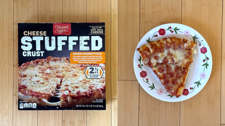 Package of Cheese Stuffed Crust Seven Cheese Pizza besides a plated slice