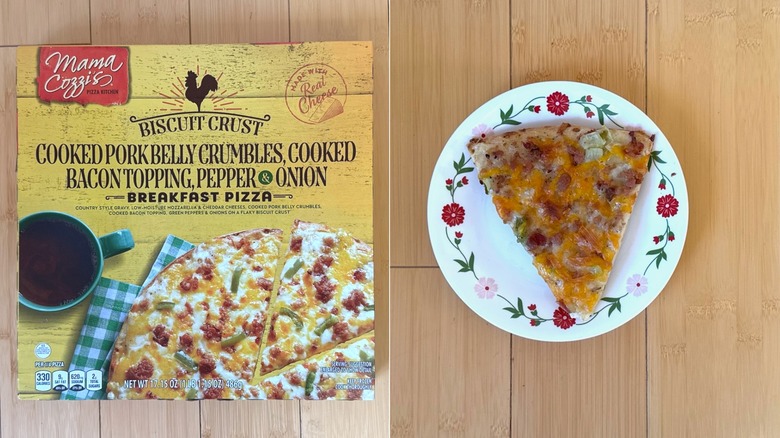 Package of Biscuit Crust Cooked Pork Belly Crumbles, Cooked Bacon Topping, Pepper & Onion Breakfast Pizza besides a plated slice