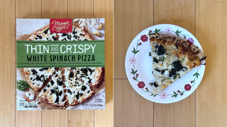 Package of Thin & Crispy White Spinach Pizza besides a plated slice