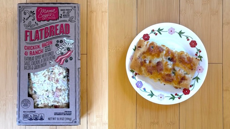 Package of Chicken Bacon & Ranch Flatbread besides a plated slice