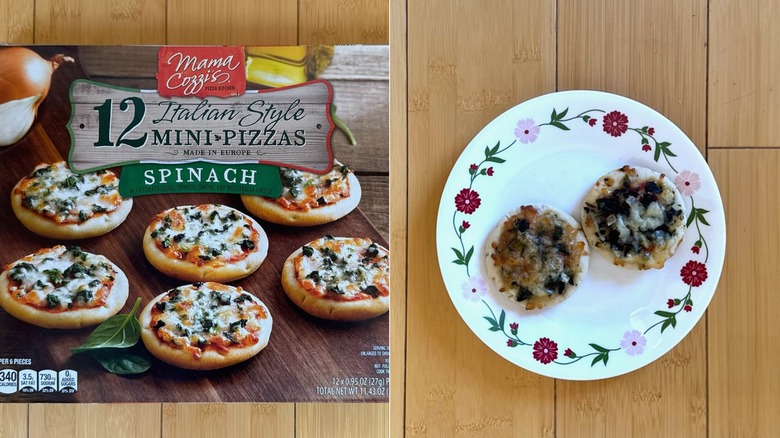 Package of talian Style Spinach Mini Pizzas besides plated pieces