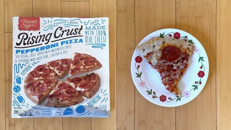 Package of Rising Crust Pepperoni Pizza besides a plated slice