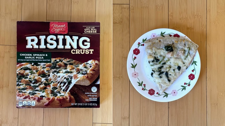 Package of Rising Crust Chicken Spinach & Garlic Pizza besides a plated slice