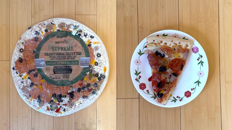 Package of Supreme Traditional Crust Pizza besides a plated slice