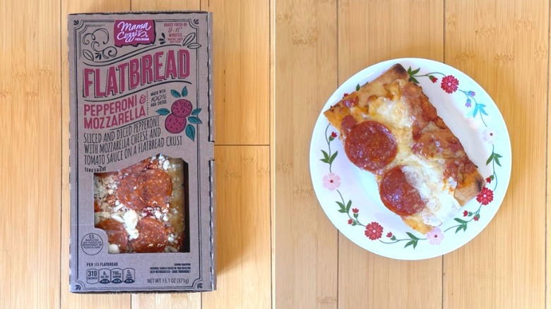 Package of Pepperoni & Mozzarella Flatbread besides a plated slice