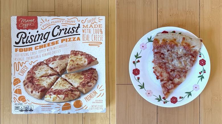 Package of Rising Crust Four Cheese Pizza besides a plated slice