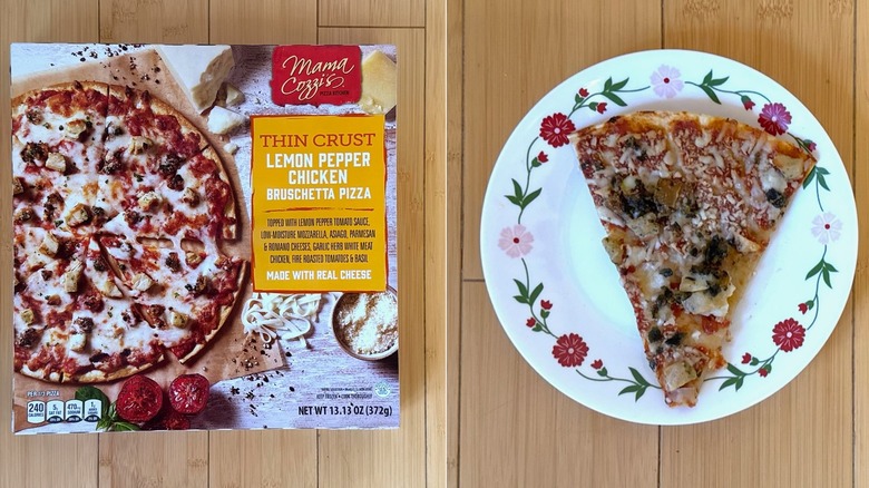 Package of Thin Crust Lemon Pepper Chicken Bruschetta Pizza besides a plated slice