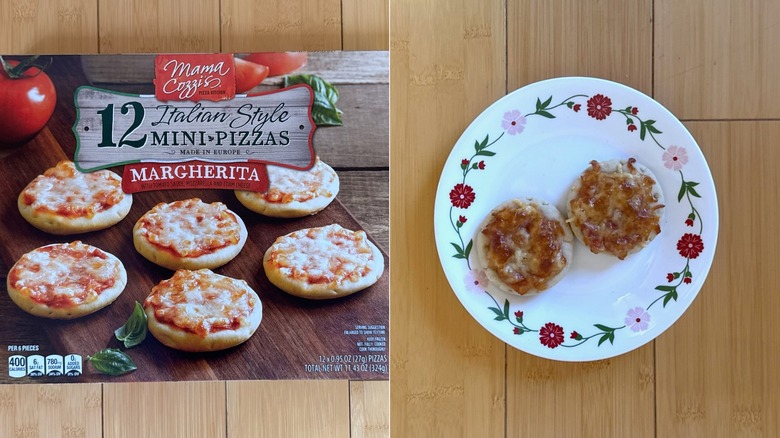 Package of Italian Style Margherita Mini Pizzas besides plated pieces