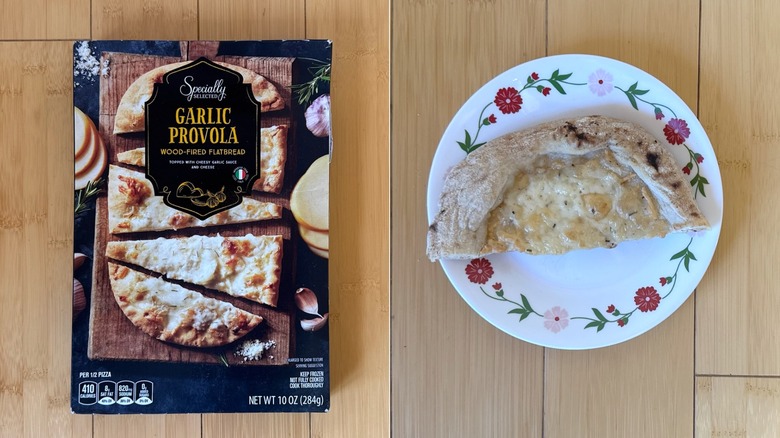 Package of Garlic Provola Wood-Fired Flatbread besides a plated slice