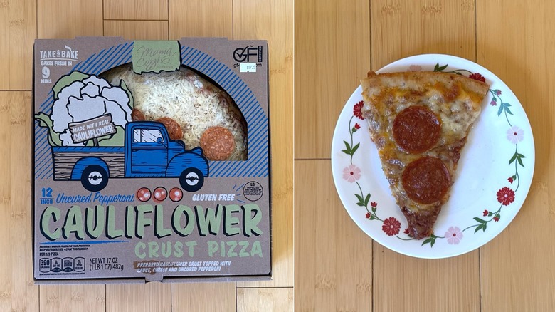 Package of Uncured Pepperoni Cauliflower Crust Pizza besides a plated slice