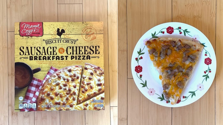 Package of Biscuit Crust Sausage & Cheese Breakfast Pizza besides a plated slice
