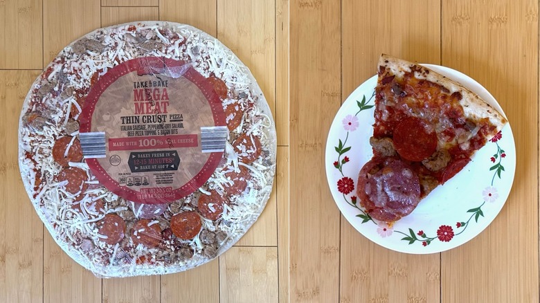 Package of Mega Meat Thin Crust Pizza besides a plated slice