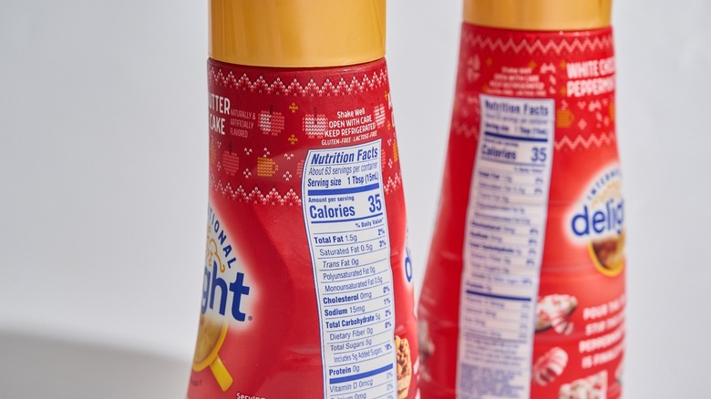 Close up of the nutritional information on each bottle of creamer
