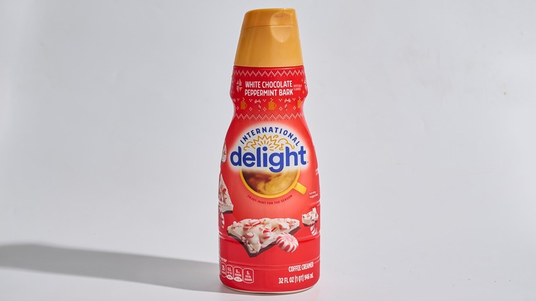 white chocolate peppermint bark creamer bottle on a table