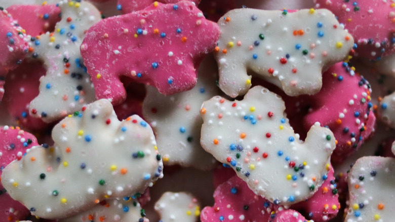 Frosted animal crackers as background