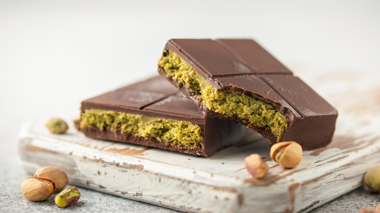 Stacked chocolate bars with green filling