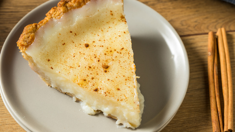 Slice of sugar cream pie with cinnamon