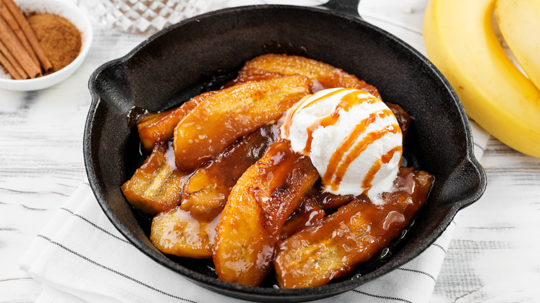Bananas foster in a cast iron pan