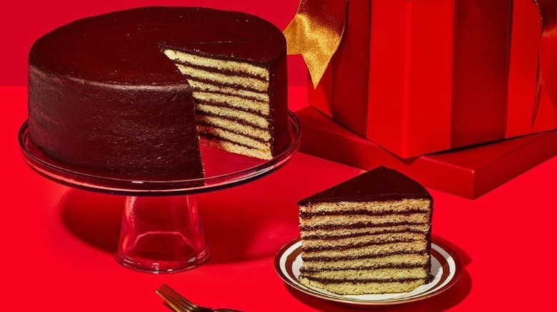 Smith Island cake on red background