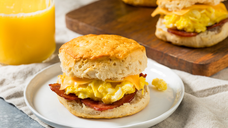 a breakfast sandwich on a biscuit