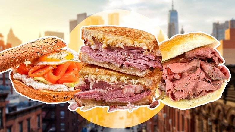 a series of sandwiches in front of new york city