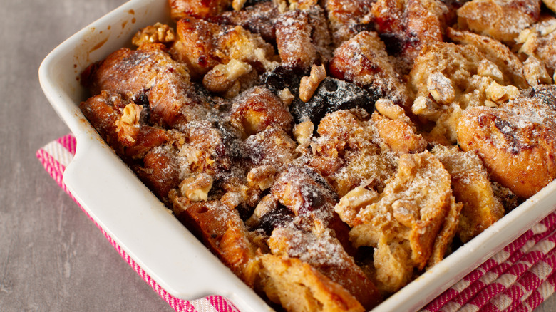 A baking dish filled with bread pudding