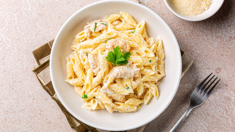 Chicken Alfredo penne, creamy pasta with parmesan cheese in a white shallow bowl.