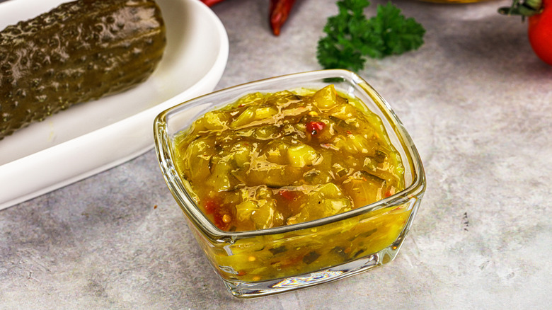 Container of pickled relish