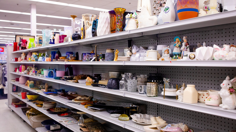 Donated items on the shelf at a Goodwill store.