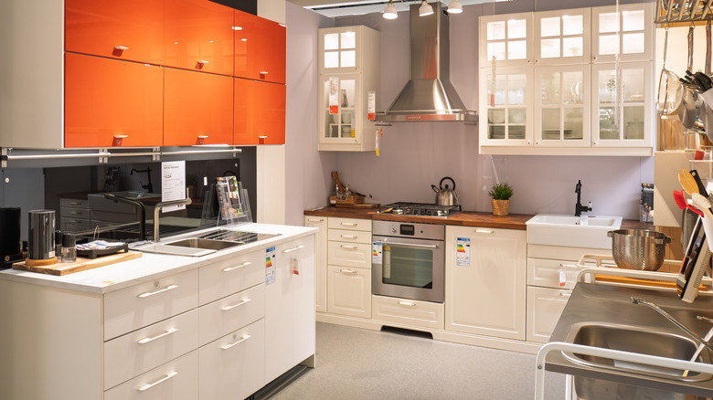 Ikea kitchen showroom display of a white kitchen.