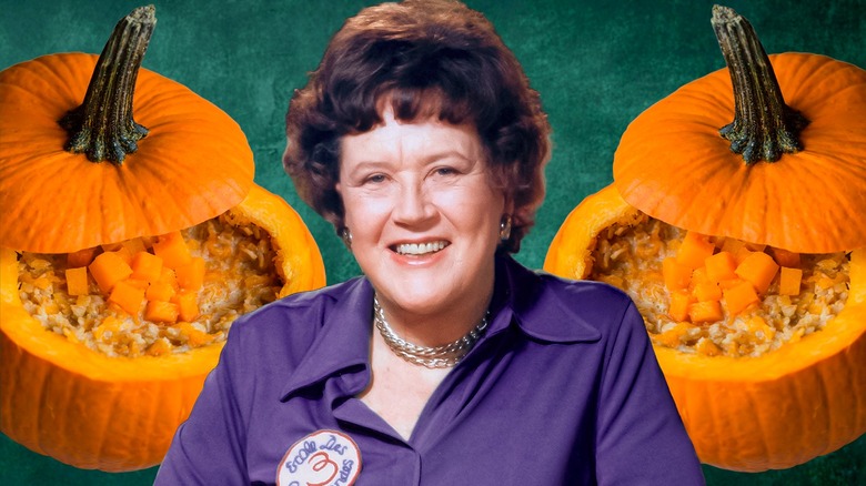 Julia Child smiling in front of illustrative background with pumpkins.