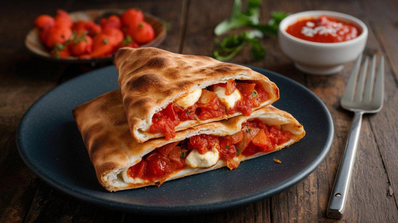 A calzone cut in half on a plate at a restaurant