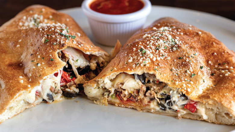 A calzone cut in half at Russo's New York Pizzeria