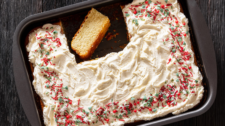 Vanilla sheet cake decorated with sprinkles.