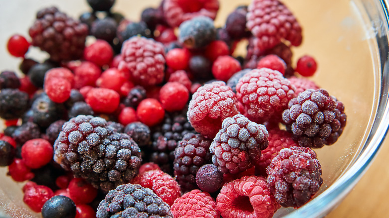 Sugared berries in a glass bowl.